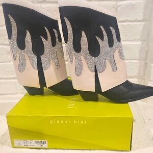 Gianni Bini Conley 2 Black and Silver Flame Heeled Boots